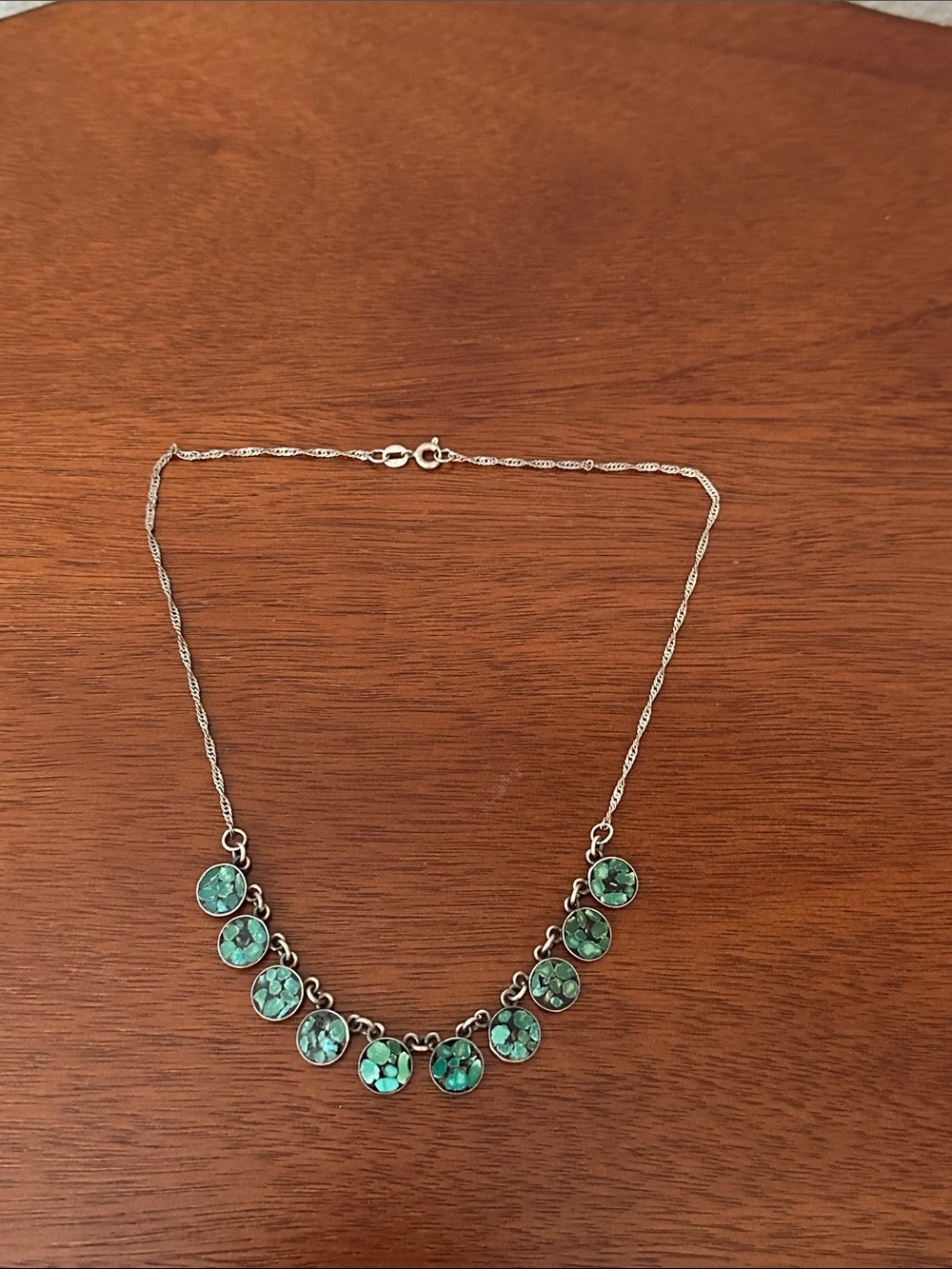 Silver Necklace with Green Turquoise Disc Charms